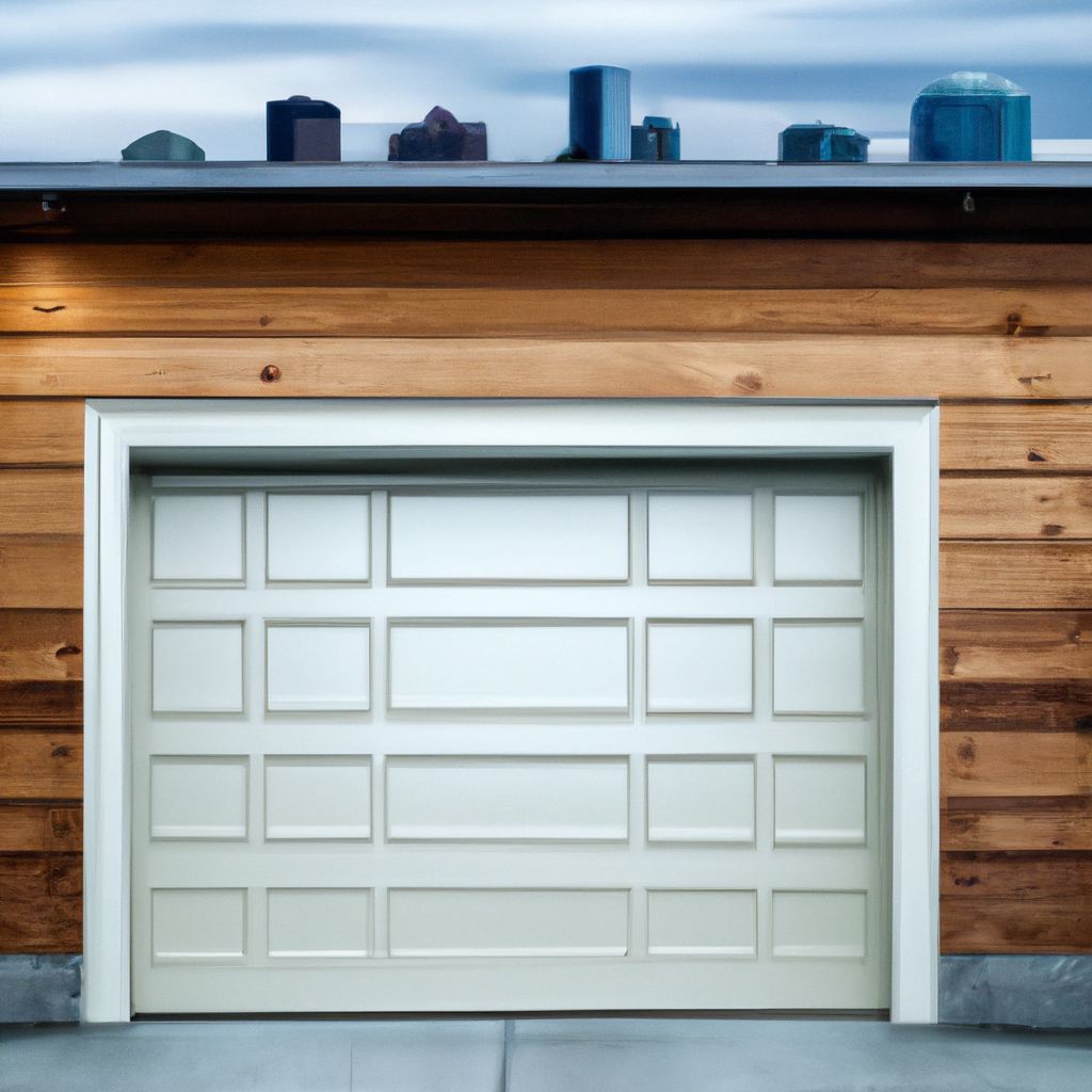Insulated garage door panel with overcast Seattle skyline in the background under a gray Pacific Northwest sky