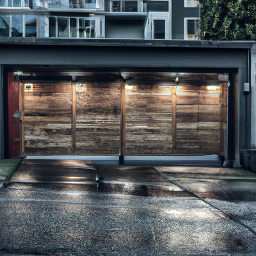Modern residential garage door in Seattle with visible tracks and springs on wet pavement, no people.