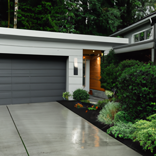 Exterior view of a modern Seattle home with a visible garage door on an overcast day, wet driveway and native landscaping.