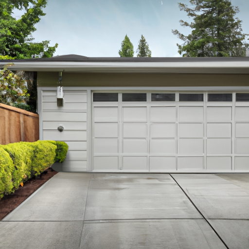 Residential gray sectional garage door in Seattle driveway with cedar fence and evergreen backdrop, no people.