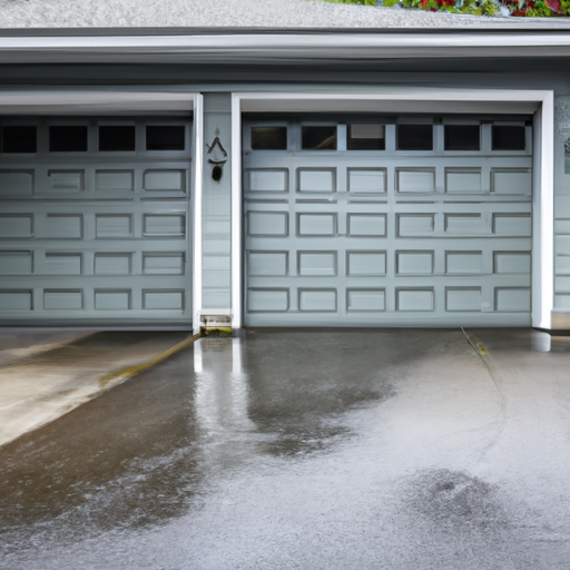 Seattle suburban garage with sectional steel door partially open on a cloudy day, wet pavement and visible weatherstripping.