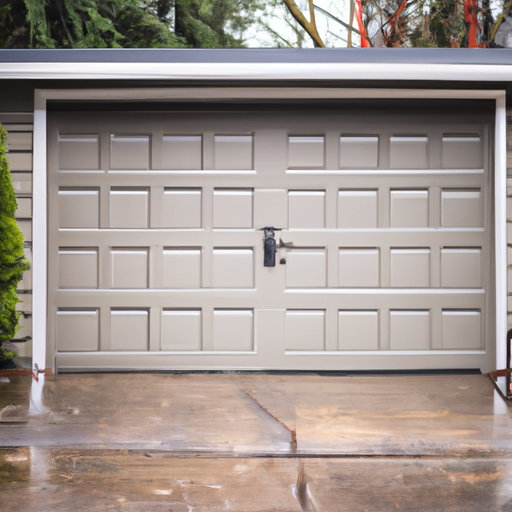 Residential garage door on an overcast Seattle street with visible tracks and wet pavement