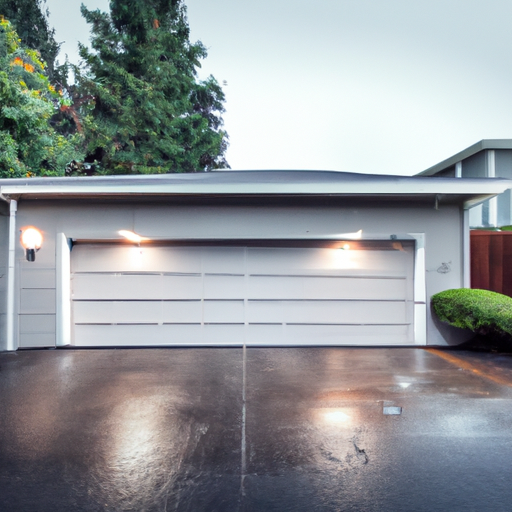 Closed suburban garage door in Seattle with wet pavement and evergreen trees, overcast Pacific Northwest light.