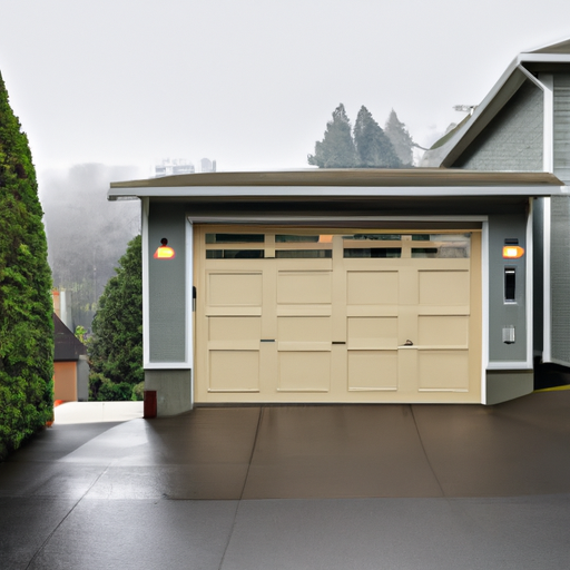 Residential sectional garage door in a Seattle neighborhood on an overcast, wet morning with visible panels and hardware.