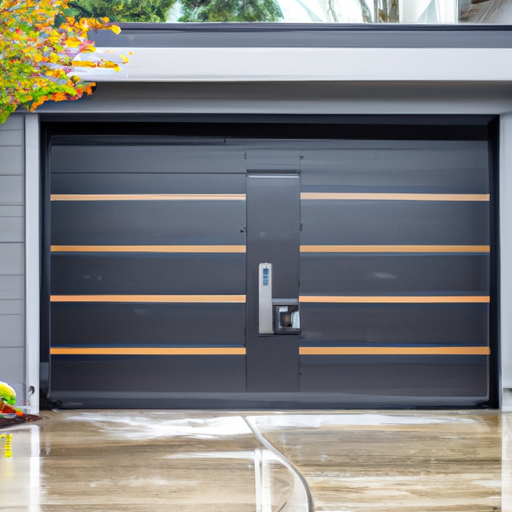 Contemporary residential garage door on a Seattle house with wet pavement and evergreen trees, smart keypad visible beside the frame.