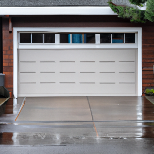Closed residential garage door in a Seattle neighborhood on an overcast day, showing threshold and seals