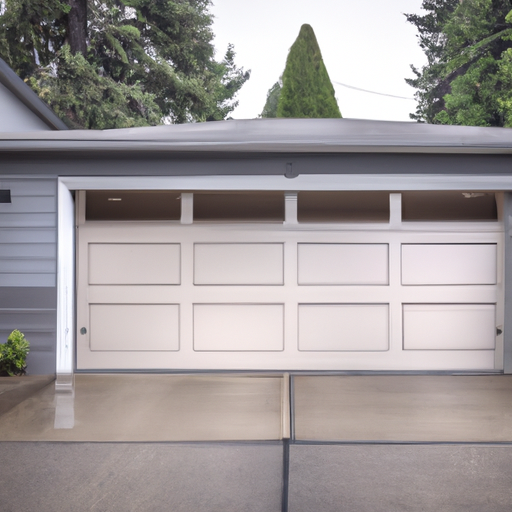 Residential sectional garage door on an overcast Seattle street with evergreen trees and wet driveway.