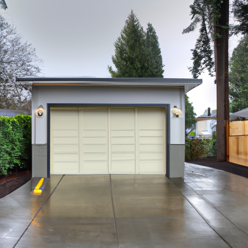 Suburban Seattle garage with a modern sectional door on a cloudy, wet day; house and trees visible in background.