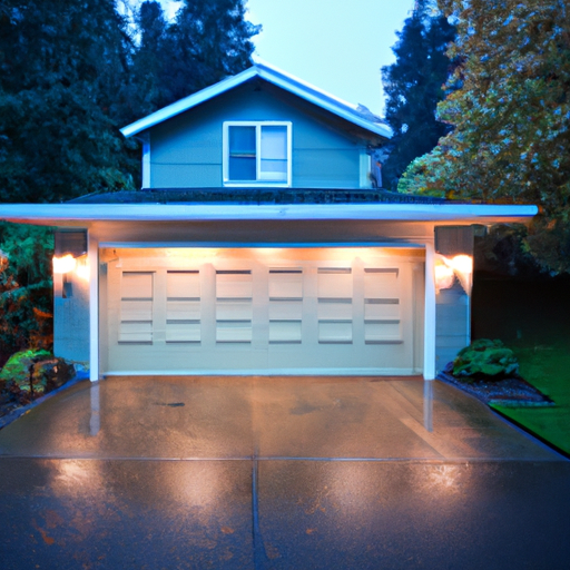 Suburban Seattle home at dusk with an insulated garage door, damp pavement and evergreen trees in background.