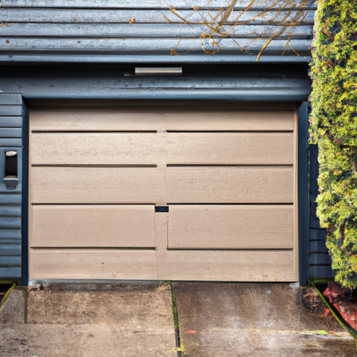 Residential garage with closed sectional door, wet driveway and cedar siding in Seattle overcast weather.