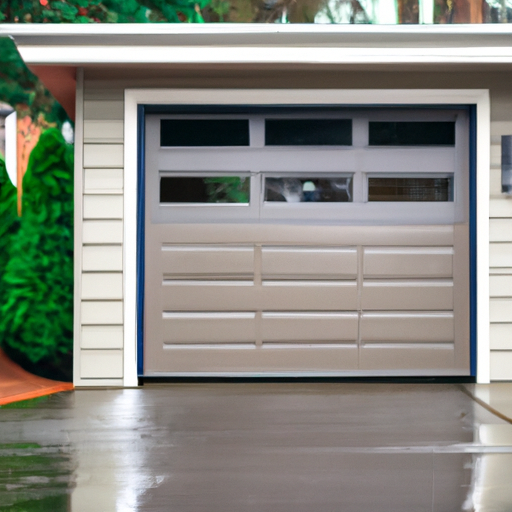 Insulated residential garage door with visible weatherstripping on a wet Seattle street, overcast sky and evergreen backdrop.