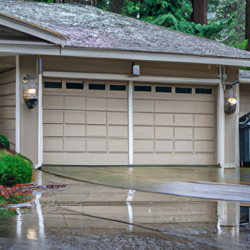 Seattle suburban garage with sectional door and visible springs, tracks, and wet pavement on an overcast morning