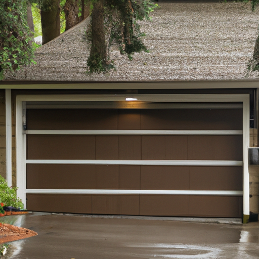 Modern sectional garage door partially open at a Seattle house with wet driveway and overcast light, no people.
