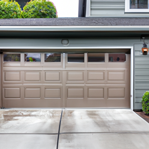 Seattle residential garage door on wet overcast day, steel panel door with weatherstripping and evergreen landscaping.
