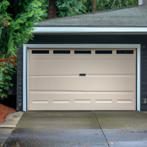 Sectional residential garage door with visible seals and threshold on a wet Seattle driveway under overcast sky