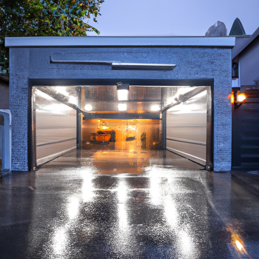Modern sectional garage door partially open at dusk on a rainy Seattle street; opener visible on ceiling, wet pavement reflecting lights.