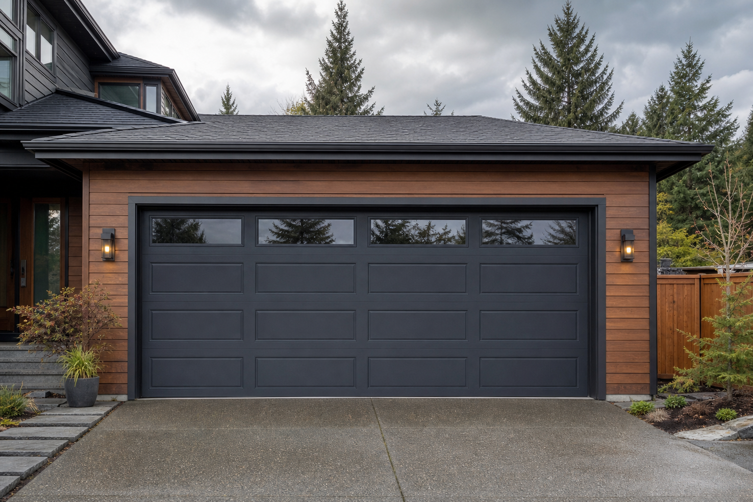 Seattle home with a modern insulated garage door on a cloudy day